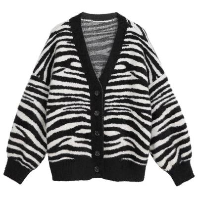 China Anti-wrinkle stripe sweater coat mink velvet jacket women loose artificial cardigan sweater autumn winter for sale