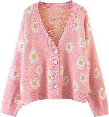 China Great Anti-wrinkle Quality Y2K Floral Print Knit Cardigan Sweater Sleeve V-Neck Button Down Long Sweater Tracksuit Tops for sale