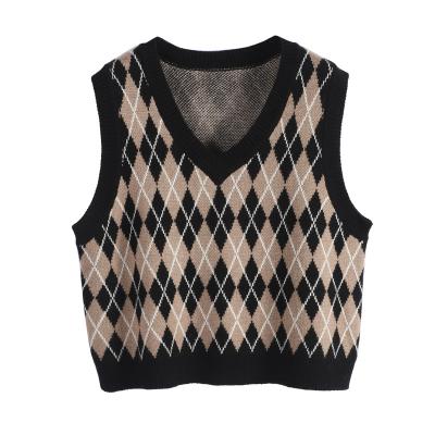 China QUICK DRY female languid lazy wind loose lattice knit sleeveless knitted vest 2022 v-neck sweater vest for sale