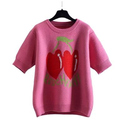 China Beautiful Cherry QUICK DRY White Pink Loose Strawberry Knitted Short Sleeve Vest Sweater For Spring for sale