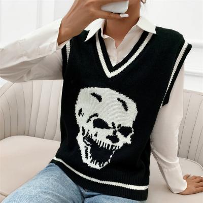 China Factory Wholesale New QUICK DRY Sleeveless Vest For Women's Halloween Sweater With Skull V-Neck Knit Vest Sweater for sale