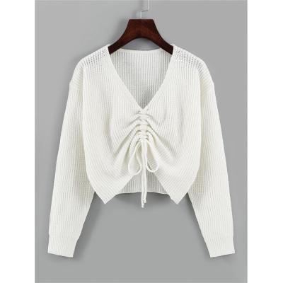 China Anti-Wrinkle Ladies V-Neck Bow Knit Pullover Sweater Drawstring Long Sleeve Tops For Lady for sale