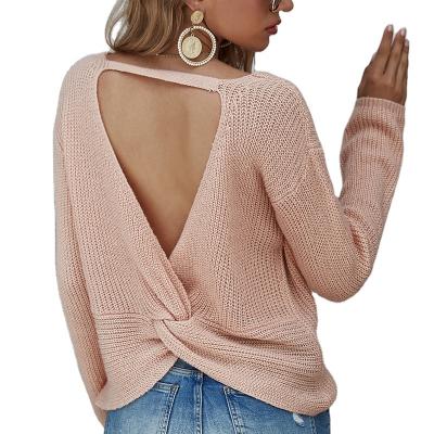 China Anti-wrinkle sexy long sleeve backless knit women sweater V-neck pullover sweater for women autumn and winter for sale