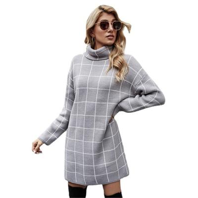 China High-necked Anti-wrinkle women knit dress hip wrap plaid lady pullover sweater 2022 for sale