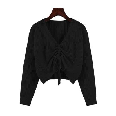 China Anti-wrinkle Lady Style Ladies V-Neck Bow Knit Pullover Sweater Drawstring Long Sleeve Tops For Lady for sale