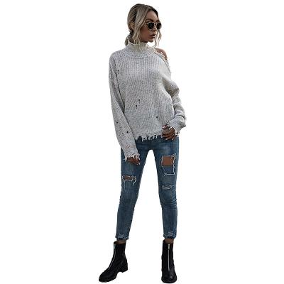 China 2022 Autumn Europe USA Loose Strapless Hole High-neck Long Sleeve Anti-wrinkle Knitted Fall Style Women Warm Sweater for sale