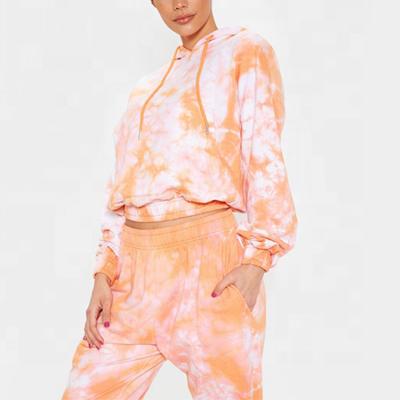 China OEM Breathable Custom Crop Two Piece Set Women Long Sleeve Tie Dye Top Cotton Sweatsuit With Drawstring for sale