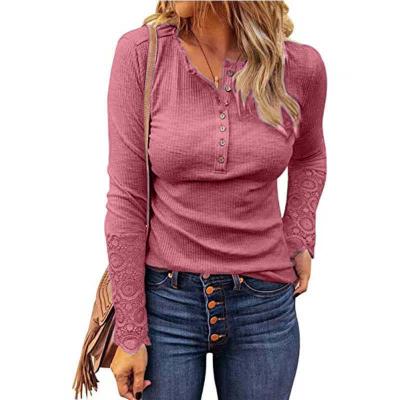 China Anti-wrinkle new style spring round neck stitching crochet lace edge sleeve loose solid color button women long sleeve tops T-shirt for sale