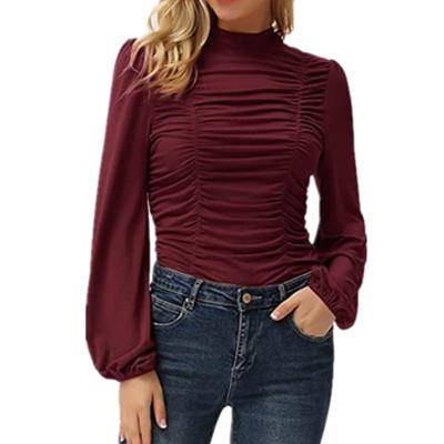 China New Design Anti-Wrinkle Fashionable Pullover Women's Solid Color Puff Lantern Long Sheath Slim Women's T-shirt Pleated Neck Top for sale