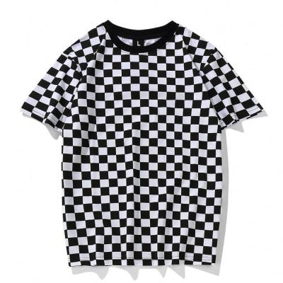 China Custom Made Women's Streetwear Short Sleeve Crewneck Color Plaid Casual T-Shirt Wholesale Anti-shrink Print Casual T-shirt for sale