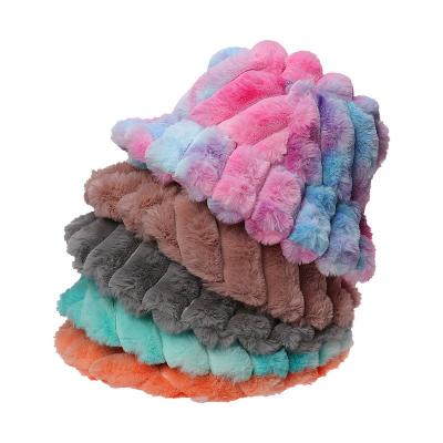 China breathable & 2021 Winter Waterproof Fluffy Hats For Women Fur Bucket Hat Knitted Color Warm Fashion Rainbow Custom Bucket Hats for sale