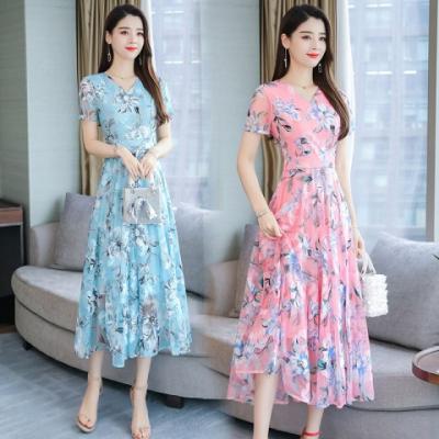 China Floral Dress Breathable Short Sleeve Printing Casual Bohemian O-Neck Maxi Dresses for sale