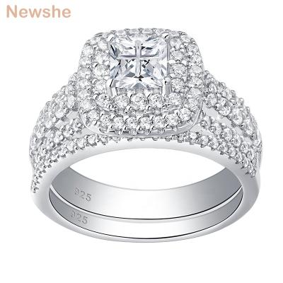 China Newshe Romantic 925 Sterling Silver Halo Wedding Ring Set For Women Jewelry Elegant Princess Cross Cut CZ Engagement Rings for sale