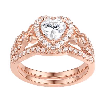 China Newshe Romantic Rose Gold Color 925 Sterling Silver Wedding Ring Set for Women Bridal Heart Shape Zircon Romantic Jewelry Set for sale