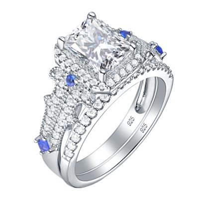 China Newshe Romantic Classic Bridal Set Wedding Engagement Rings For Women 925 Sterling Silver Princess Cut White Blue Zircon for sale