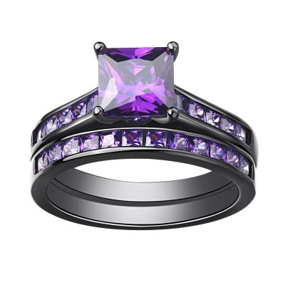 China Hot Sale CLASSIC Princess Cut Cubic Zircons Ring Set For Women Purple Black Wedding Engagement Shape Jewelry Dropshipping for sale