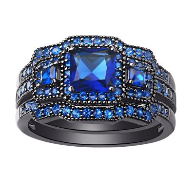 China Newshe CLASSIC 3 PCs Wedding Black Ring Set For Women Engagement Rings Blue Princess Cut Cubic Zircon Shape Jewelry QR4687WG for sale