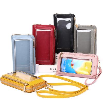 China Women Feminine Waterproof High Quality Touch Screen Leather Trim Solid Sling Bag Hand Shoulder Body Water Proof Mobile Phone Cross Bags for sale