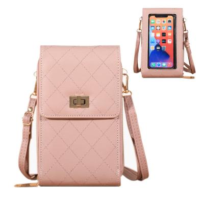 China Women Feminine Waterproof High Quality Touch Screen Leather Trim Solid Sling Bag Hand Shoulder Body Water Proof Mini Mobile Phone Cross Bags for sale