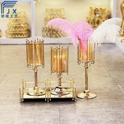 China JX017 Home Decoration Set Gold Candle Holders Pillar Candle Holders With Amber Color Glass Tube Home Decoration for sale