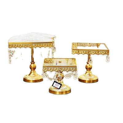 China Wedding Decoration JX010 France Gold Square Set Metal Cake Stand 3 With Crystal Ball Party Wedding Decoration For Wedding Cakes for sale