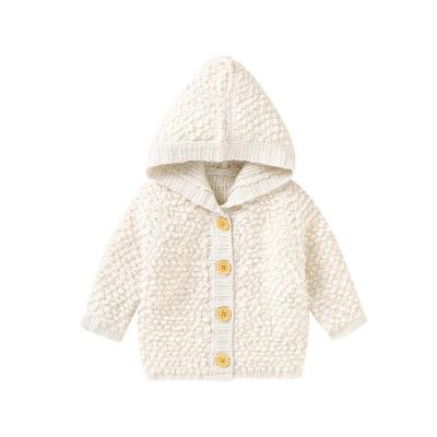 China Custom Logo Baby Boys Girls Autumn White Long Sleeve Anti-pilling Knit Hooded Sweater Cardigan Jacket for sale