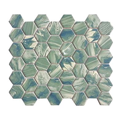 China Cheap Mixed Green Parquet Mosaic Slabs Hexagon Recycled Glass Mosaic Toilet Bathroom Slab for sale