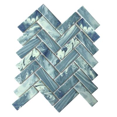 China Parquet Interior Wall Recycled Glass Herringbone Blues Tiles Glass Mosaic Swimming Pool Price for sale