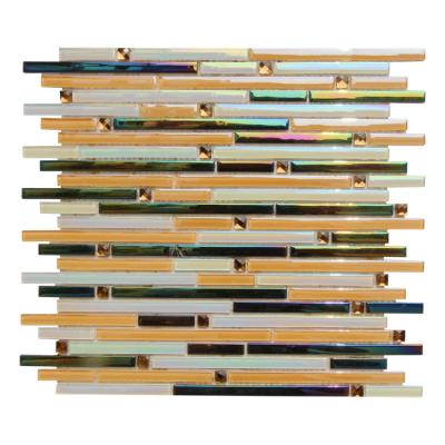 China Parquet Cheap Bathroom Tiles Mosaic Slab Waterjet Glass Strips For Kitchen Wall Backsplash Iridescent for sale