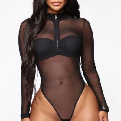 China Women's Mesh Zipper Turtleneck Neck See Sheer Anti-Pilling Through Dancer Tights Club Jumpsuit Body Tops for sale