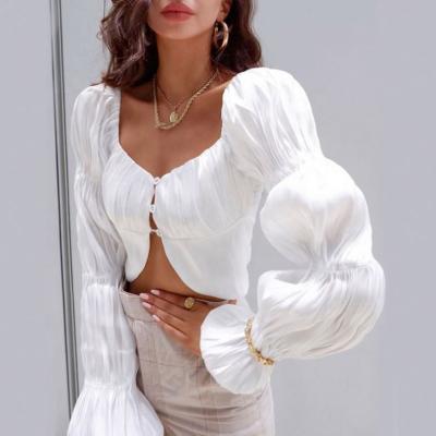 China Latest Breathable Solid Color Long Sleeve Crop Top Women Casual Shirts Pleated Straight Blouses for sale