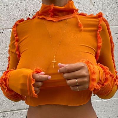 China High Quality Viable Cute Vintage Mesh Long Sleeve Turtleneck Contrast Crop T-shirts Blouses Tops For Women for sale