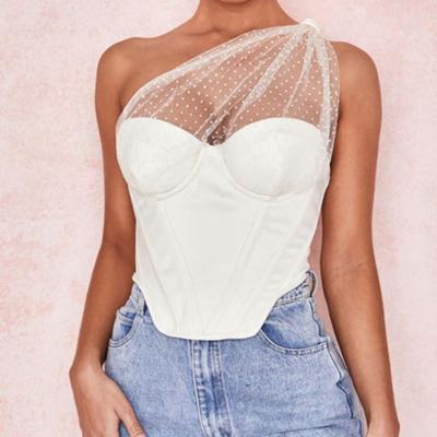 China Breathable Polka Dot Draped Tulle Corset Boning Cropped Blouse Summer Women Shirts And Blouses Ladies Lace Up Tops Top One Shoulder S-XL White for sale