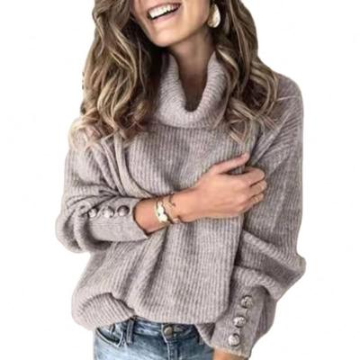 China Free Sample Breathable Heather Gray Buttoned Loose Pullover Warm Ladies Winter Knit Women Sweater for sale