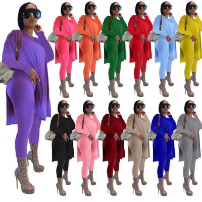 China 2021 XS-5XL Long Sleeve Breathable 2 Piece Set Solid Color Women Clothing Set Slit Two Piece Pants Set for sale