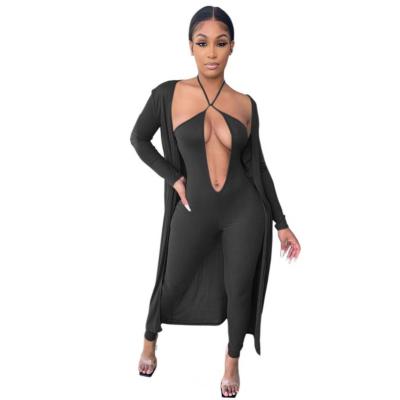 China Breathable 2021 New Arrivals Fashion Women Casual Deep V-Neck Jumpsuit Long Sleeve Cardigan 2 Pieces Ribbed Suit Set for sale