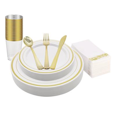 China Disposable Wedding 180 Pcs Disposable Dishes Plastic Dinnerware Set Gold Rimmed Plastic Dinnerware Set for sale