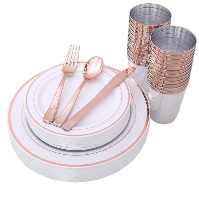 China 150pcs Roce Gold Rim Design White Disposable Plastic Western Dinnerware Sets for sale