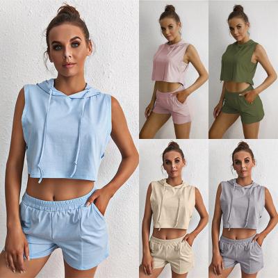 China New 2021 Women Hoodies Breathable Summer Vest T-shirt Sleeveless Pocket Shorts Summer Crop Tops 2 Piece Cotton Sports Casual Women Set for sale