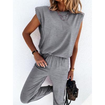 China Hot Sale Casual Women's T-shirt Solid Pants Epaulet Pants Breathable Sleeveless Female Suit 2 Piece Set Clothing Shirts Tops for sale