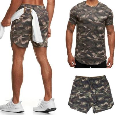 China Camouflage Antibacterial Fitness T-shirt Men Short Sleeve Round Neck Tops Short Sportswear Workout Set Two Piece Suit for sale