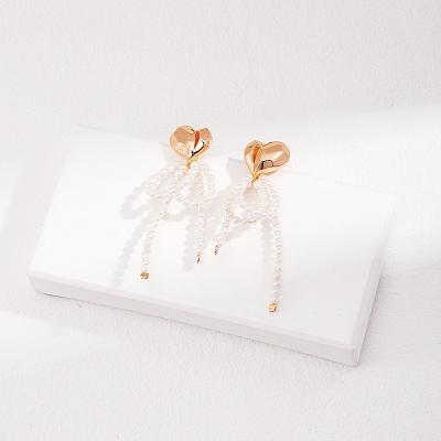 China Cute 18K Gold Plated Heart Stud Earrings 925 Sterling Silver Cold wind heart pearl earrings for sale