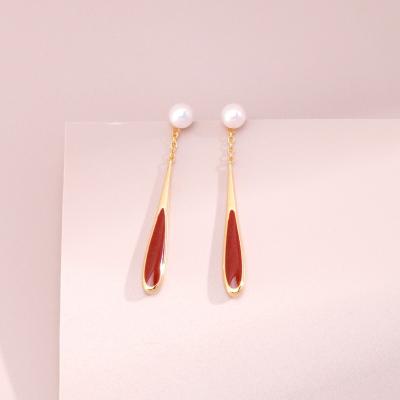 China Vintage Women's French simple design Christmas New Year Red drop oil natural pearl silver earrings High jewelry earrings for sale