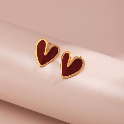 China Vintage Heart Gold Plated Women's Stud Earrings China Red Drop oil series Christmas New Year red love earrings gift box for sale