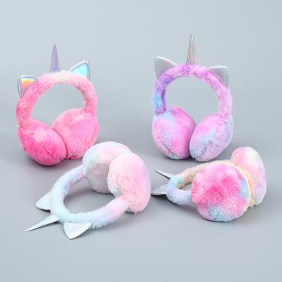 China Custom Warm Fluffy Winter Earmuffs Cat Ear Girl Winter Fashion Colorful Tie Dyed Fur Earmuffs for sale