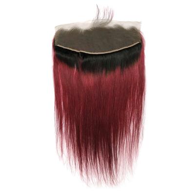 China Silky Straight Wave Single Red 13*4 Donor 1B/Bug Ear to Ear Remy Virgin Customized Brazilian Straight Human Hair Lace Frontal Piece for sale