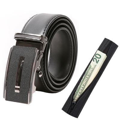 China Comfortable Leather Men Belts Fast Delivery Automatic Sliding Zipper Money Belt Ratchet Custom Hidden Genuine Leather Belts For Men for sale