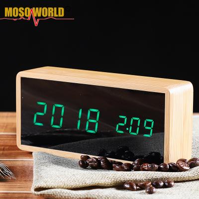 China Desktop Electronic Acrylic Mirror Bamboo Calendars Table LED Digital Alarm Clock With Temperature for sale