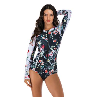 China Rash Guard Floral Printed Padded Swimsuit Women Long Sleeve Breathable One Piece Swimwear Slim Wetsuit Surfing Bathing Suit for sale