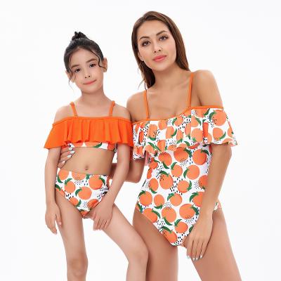 China Breathable Orange Ruffled Two-Piece Children Fashion Style Kids One-Piece Suit Adult Parent-child Bikini Swimwear Swimwear Bikinis for sale